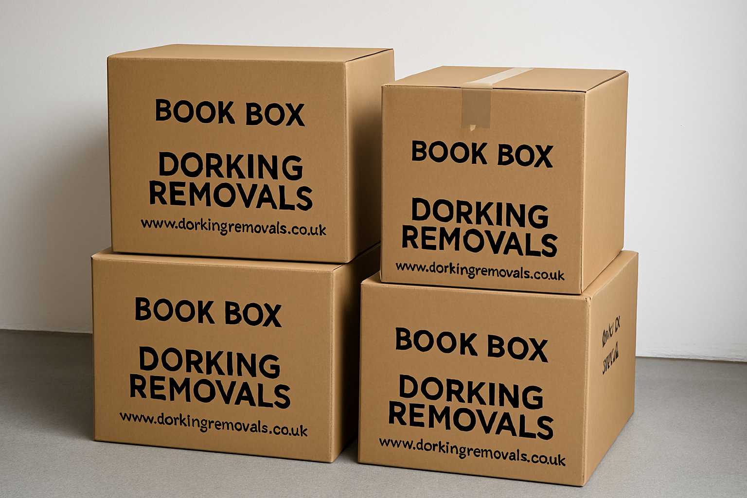 Image of Dorking Removals Book Boxes An image of four book boxes with Dorking Removals printed on them