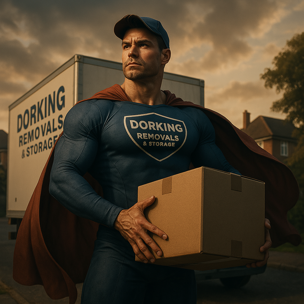 A fun image of a Dorking Removals staff member in a super Hero uniform holding a box An image of a member of Dorking Removals' staff in a Super Hero uniform holding a box