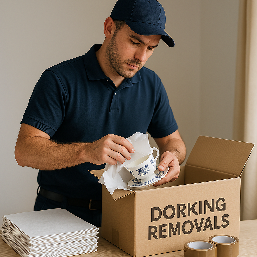 Wrapping and boxing china and glass Image of a member of Dorking Removals Staff wrapping china using packing paper and placing into a box