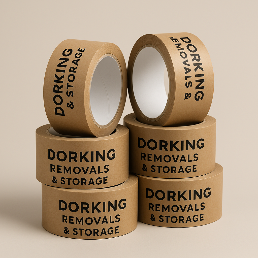 Image of 6 rolls of parcel tape stacked in 2 rolls of 3 Image of 6 rolls of parcel tape. Each tape has Dorking Removals & Storage written on them