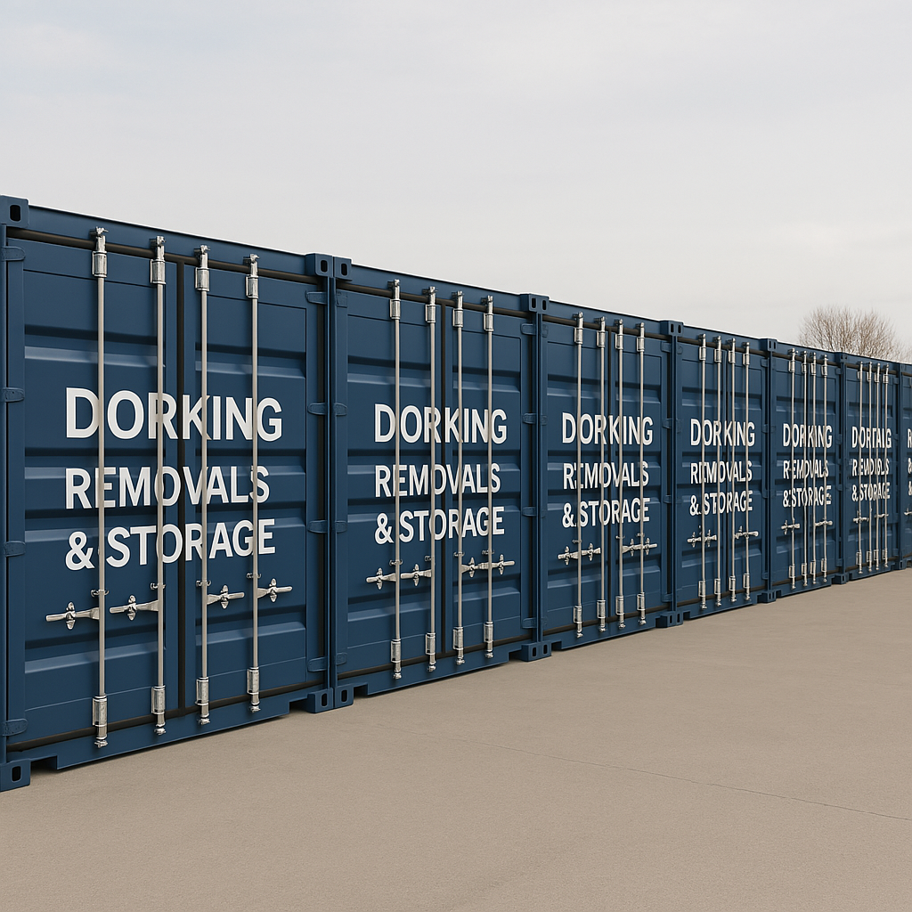 A row of Shipping Containers A realistic, professional image of a long row of single-height 20ft blue shipping containers for 'Dorking Removals & Storage'. The containers should be aligned side by side in a clean, well-lit outdoor storage yard, with all doors facing outward toward the viewer. Each container should have corrugated steel sides, corner castings, and closed double doors. The branding 'Dorking Removals & Storage' should be clearly visible on each container in white lettering. The scene should convey organization, reliability, and professionalism.