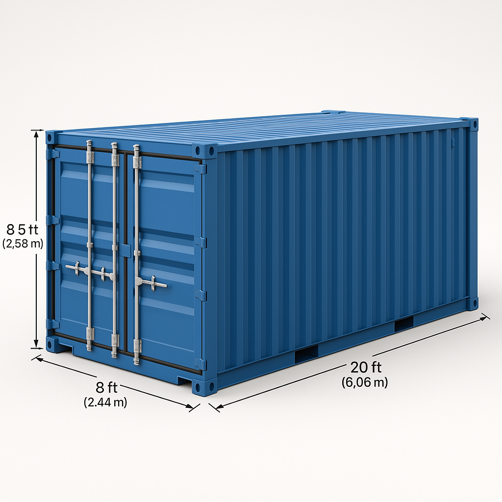 An image of a 20ft Shipping container showing the measurements A realistic image of a single 20ft blue shipping container. The container shown in a clean, well-lit environment with accurate proportions and visible measurements. Included standard dimensions: 20 feet (6.06 meters) in length, 8 feet (2.44 meters) in width, and 8.5 feet (2.59 meters) in height. The container has corrugated steel sides, corner castings, and a pair of closed double doors on one end. The measurements are clearly on the image.