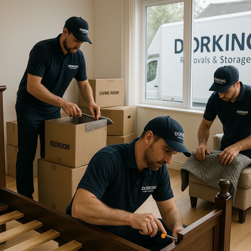 A realistic, professional image of the 'Dorking Removals & Storage' team dismantling furniture during a house removal. The team is wearing branded uniforms with the company logo, working efficiently in a modern, well-lit home interior. One team member is using tools to disassemble a large wooden bed frame with a single footboard and a headboard, another is carefully wrapping furniture parts in protective padding, and a third is organizing labelled boxes. A branded moving truck is visible through the window outside. The scene conveys professionalism, teamwork, and care in handling belongings.