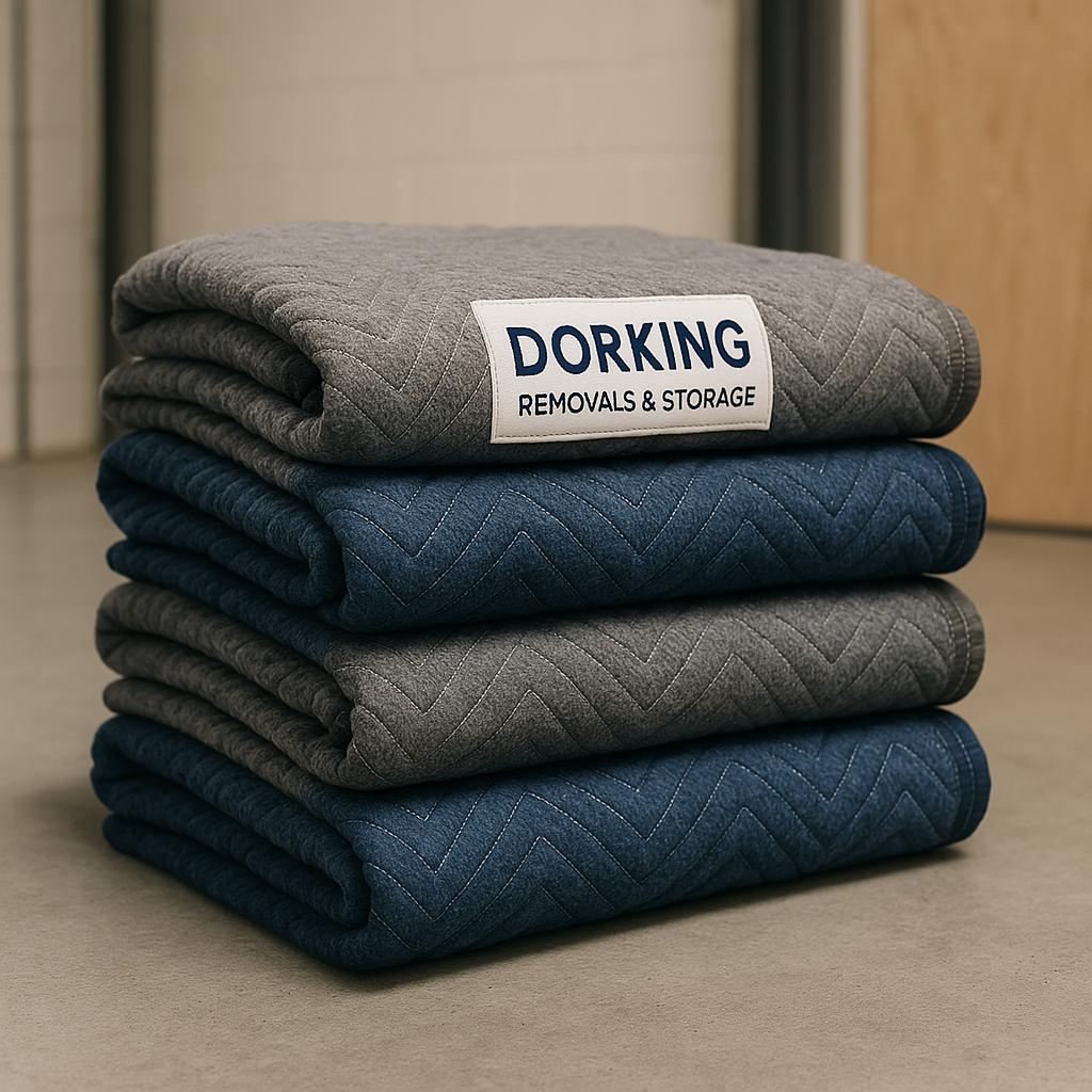 Image of some transit blankets which are used to protect furniture A realistic, professional image of a pile of transit blankets used by 'Dorking Removals & Storage' to protect customers' furniture. The blankets should appear thick, quilted, and durable, in shades of grey and blue. They should be neatly stacked in a clean warehouse or storage environment, with a visible label or tag showing the 'Dorking Removals & Storage' branding. The scene should convey care, protection, and professionalism.
