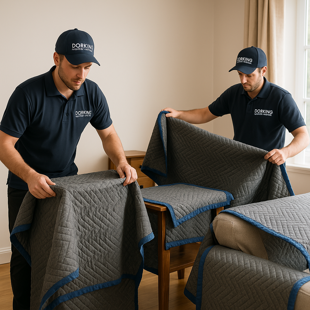 Image of two removal men wrapping furniture in transit blankets A realistic, professional image showing transit blankets being used by 'Dorking Removals & Storage' to protect customers' furniture. The scene should depict movers carefully wrapping or covering furniture items like sofas, tables, or cabinets with thick, quilted grey and blue transit blankets. The movers should wear branded uniforms with 'Dorking Removals & Storage' logos. The setting should be a customer's home interior, conveying care, professionalism, and attention to detail.