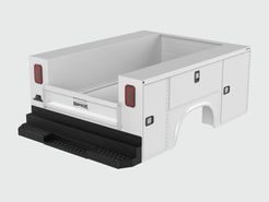 A 3d model of a white truck bed with drawers.