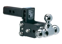 A black and chrome trailer hitch with two chrome balls attached to it on a white background.