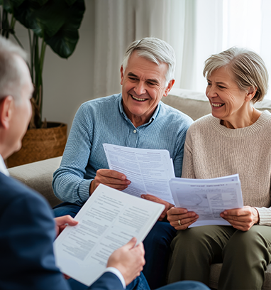 Three people in a home office reviewing documents and smiling during a professional consultation.