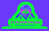 Logo for S & W Construction: green with a purple background. Shows a house silhouette with two figures, a cyclist and text.