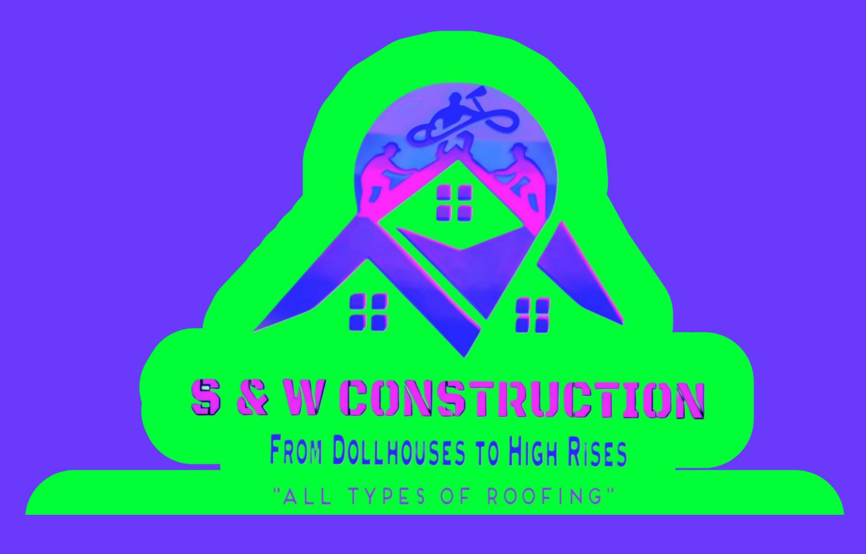 Logo for S & W Construction: green with a purple background. Shows a house silhouette with two figures, a cyclist and text.