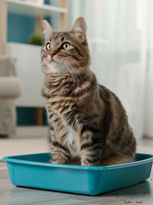 A cat is sitting in a blue litter box.