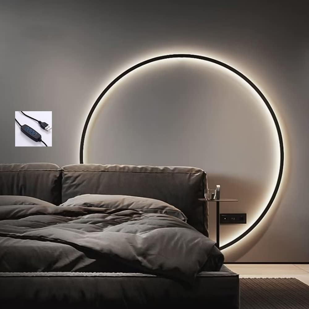 Wall Lights Indoor LED Ring Sconce Modern Aluminum Wall Lamp with USB Plug Large Ring Bedground Lights Bedside Light 3 Color Temperature & 10 Brightness Level, for Living Room Bedroom, 80cm