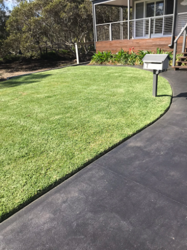 A Lush Green Lawn is Surrounded by a Black Driveway and a mailbox | Central Coast, NSW | Budget Lawns Plus