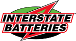 Interstate Batteries logo. White text outlined in red, green oval background with red lightning bolt.