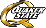 Quaker State logo with gold and white lettering on black, stylized 