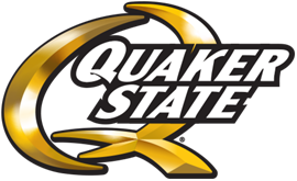 Quaker State logo with gold and white lettering on black, stylized 