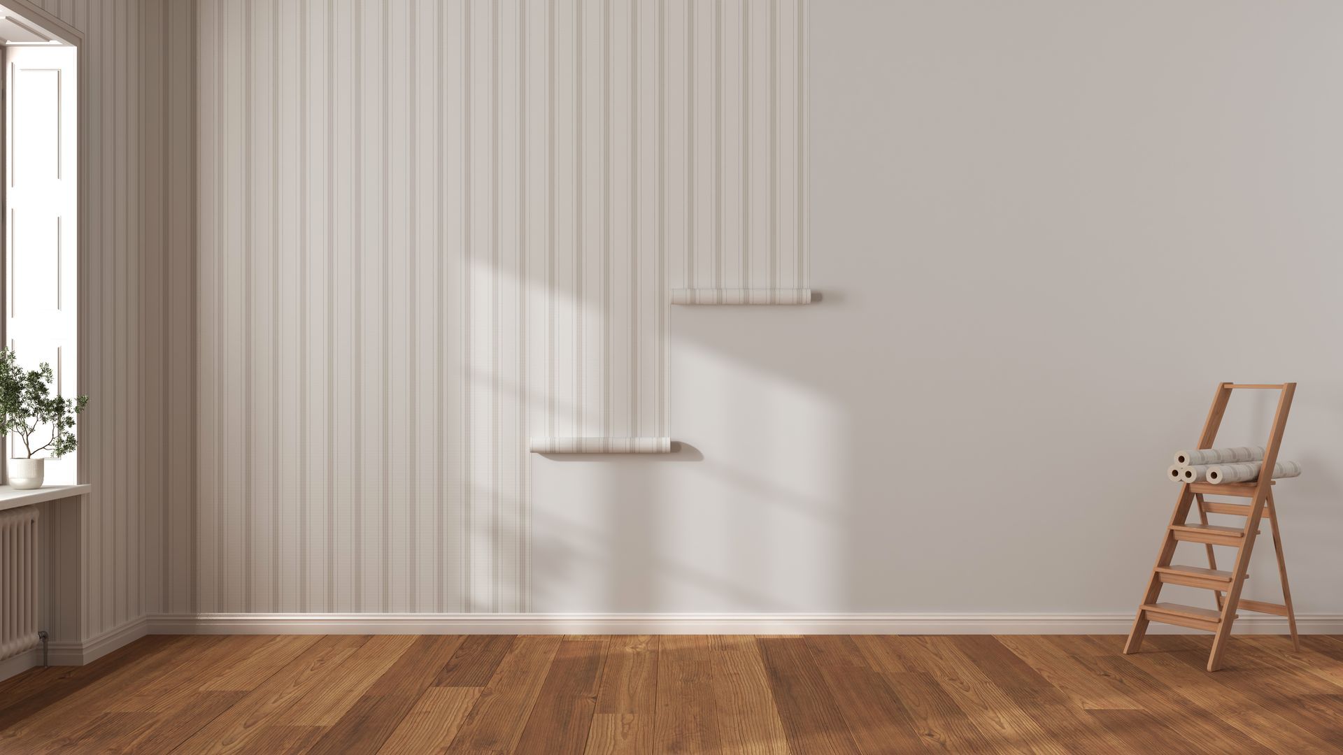 Room with wood floors, white paneling, partially wallpapered wall, ladder, and sunlight.