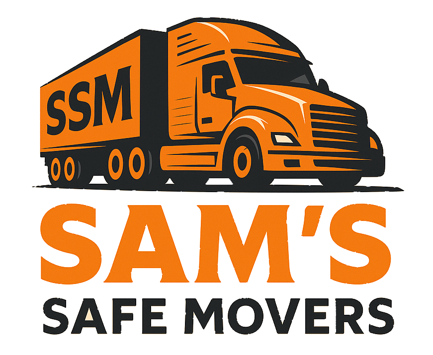 Orange truck with "SSM" on the side, above "Sam's Safe Movers" text.