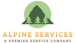Alpine Services logo: green mountain silhouette with pine trees inside a green circle, orange text.