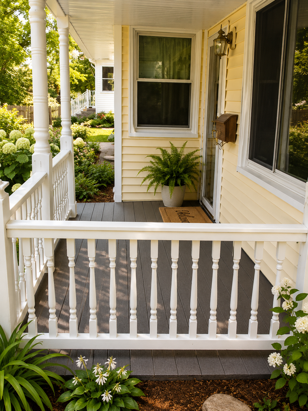 Front porch with white railing, potted plants, and a beige house exterior in warm sunlight