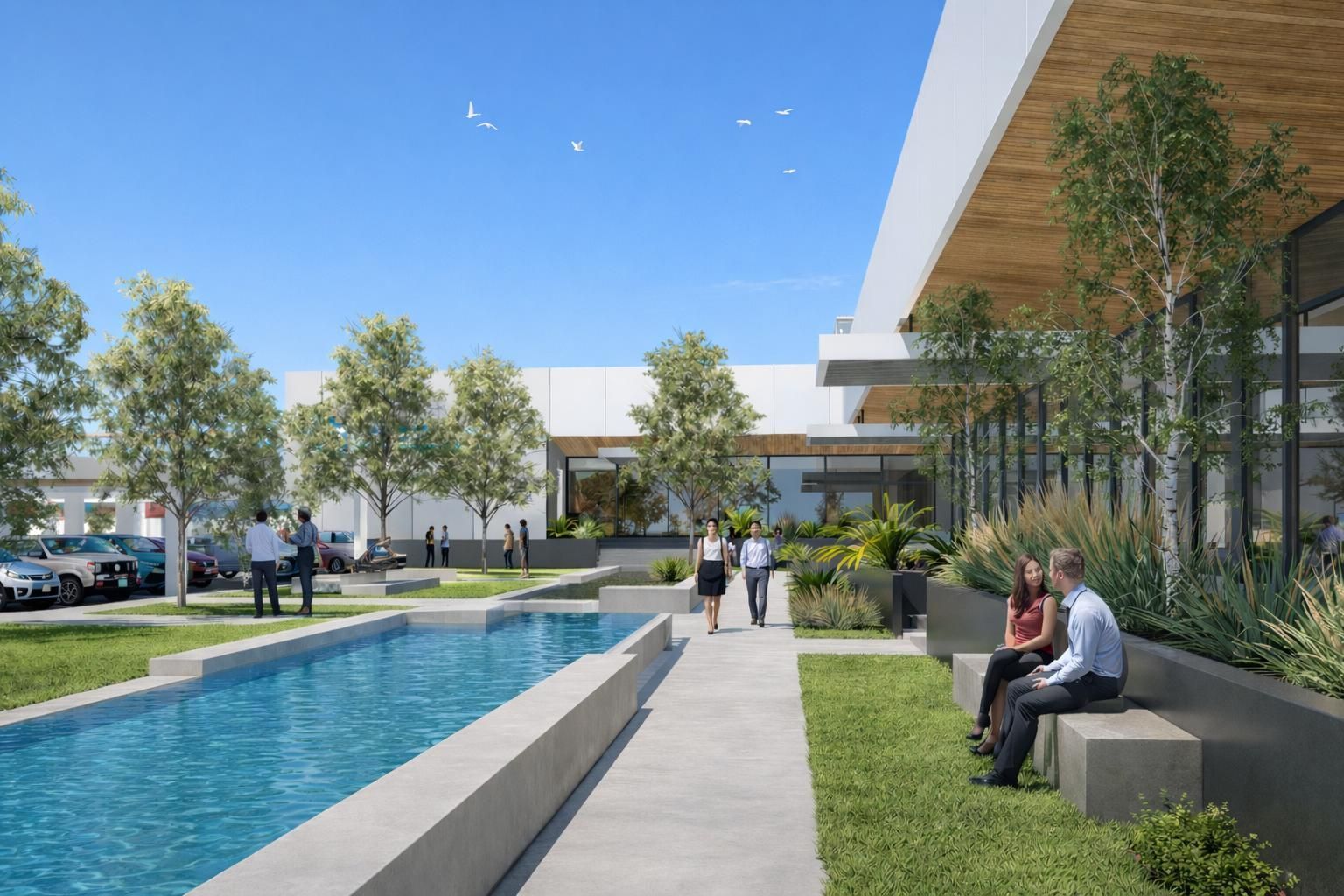 People stand near the glass-walled entrance of a modern building with a wide, angled wooden roof and lush landscaping.