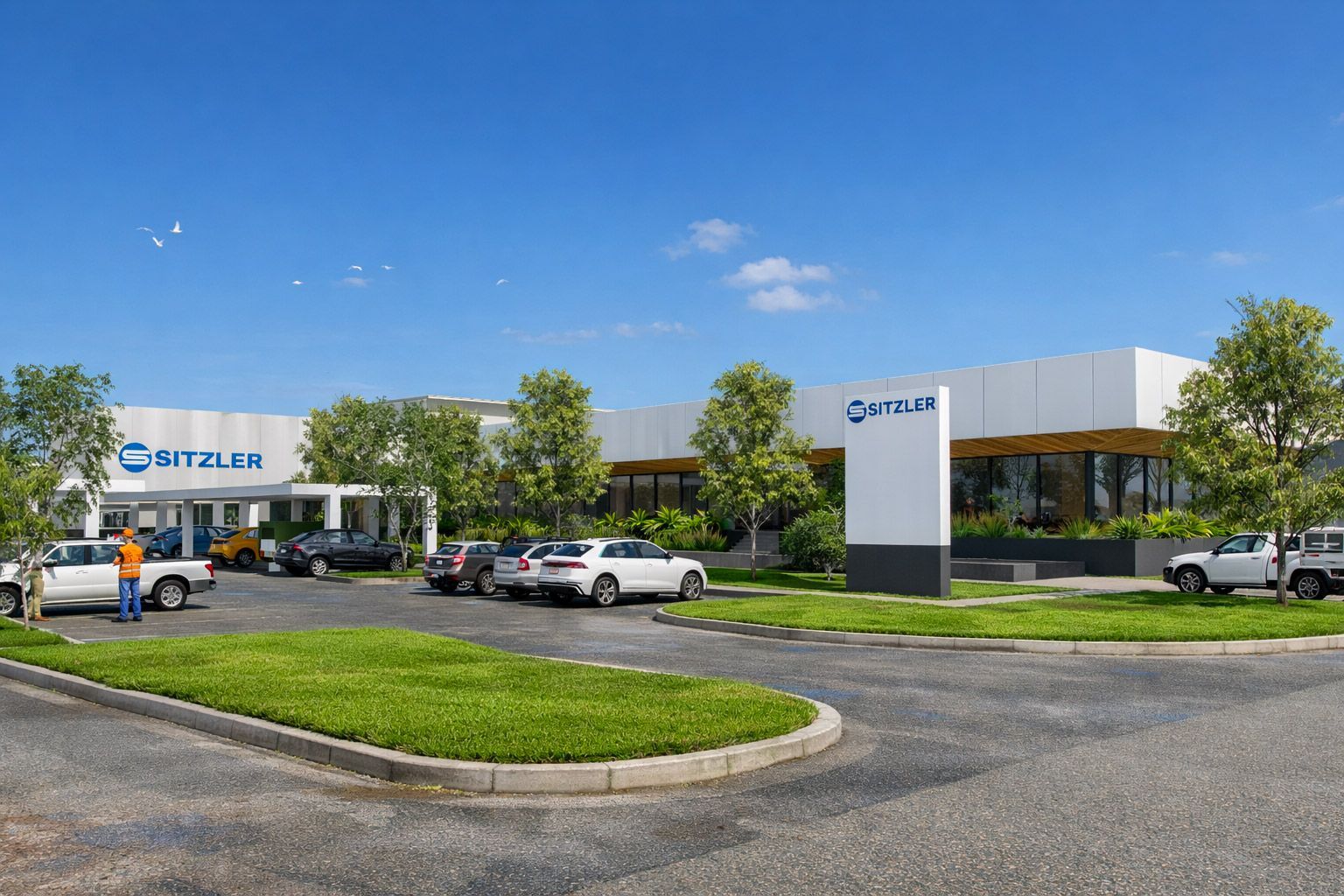 A modern school building with timber-slatted facades, surrounded by a grassy lawn and a concrete path under a clear sky.