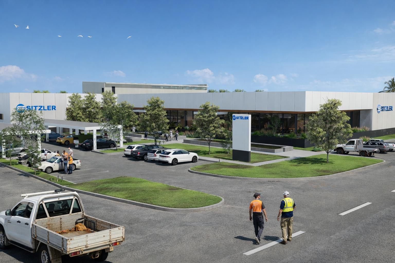 A white building with wooden privacy screens under a corrugated metal awning, surrounded by green shrubs.