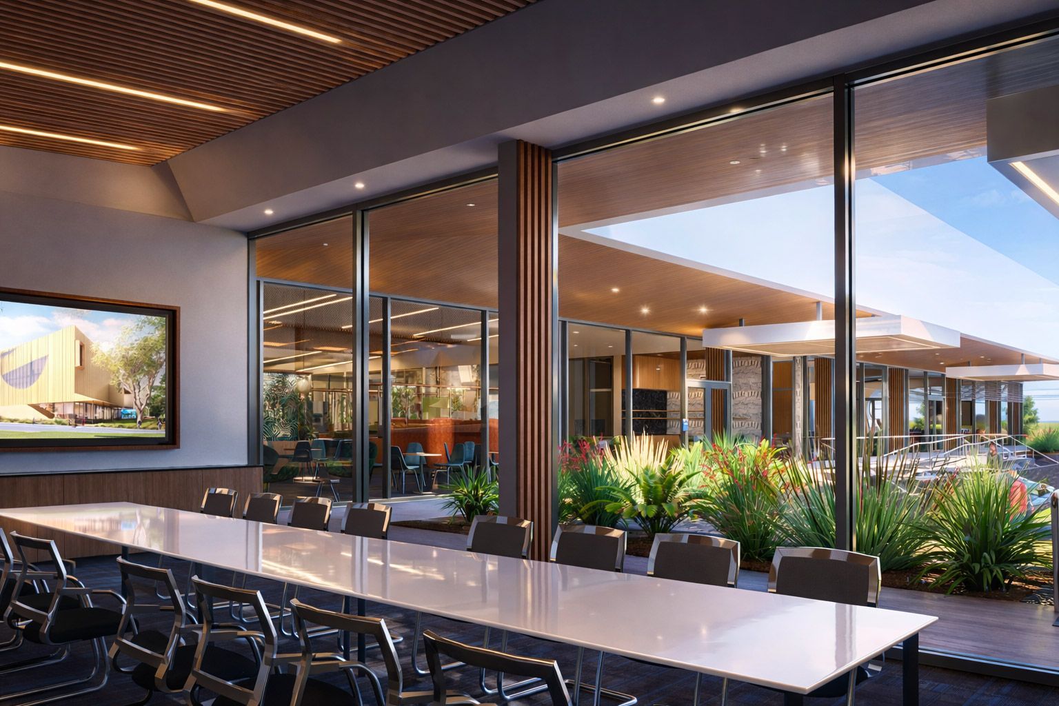 A white building with wooden privacy screens under a corrugated metal awning, surrounded by green shrubs.