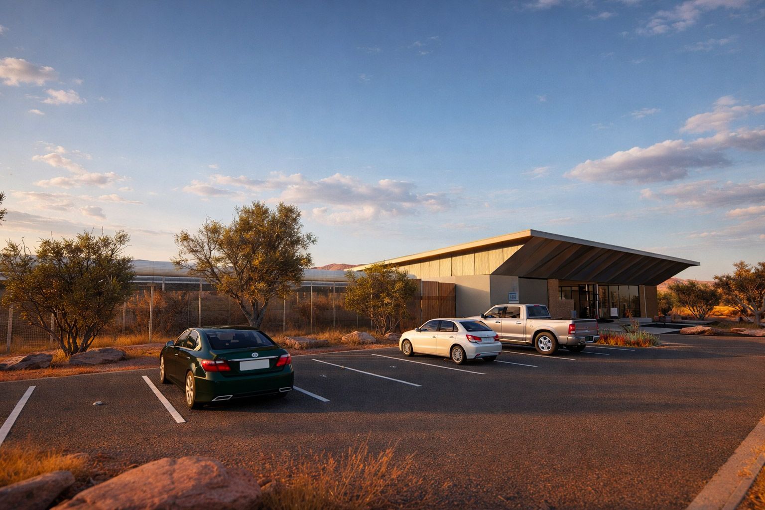 A modern building with a large overhanging roof in a desert landscape with three parked cars under a sunny sky.