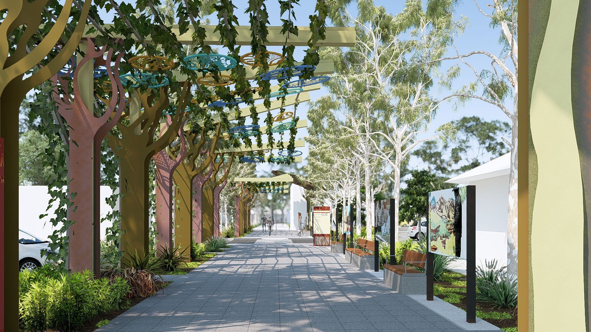 A paved pathway lined with stylized tree sculptures, wooden benches, and natural trees under a pergola structure.