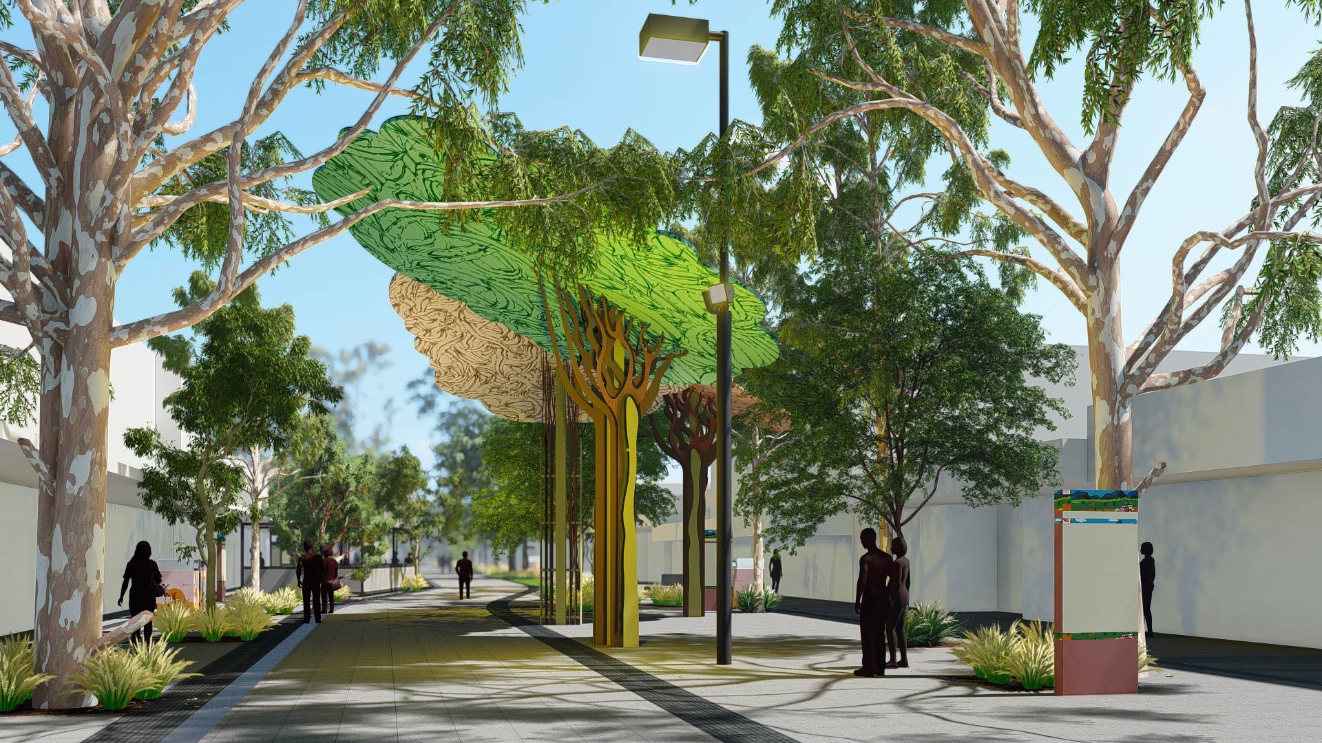 An architectural rendering of a pedestrian path lined with trees, modern lighting, and people walking in a city setting.