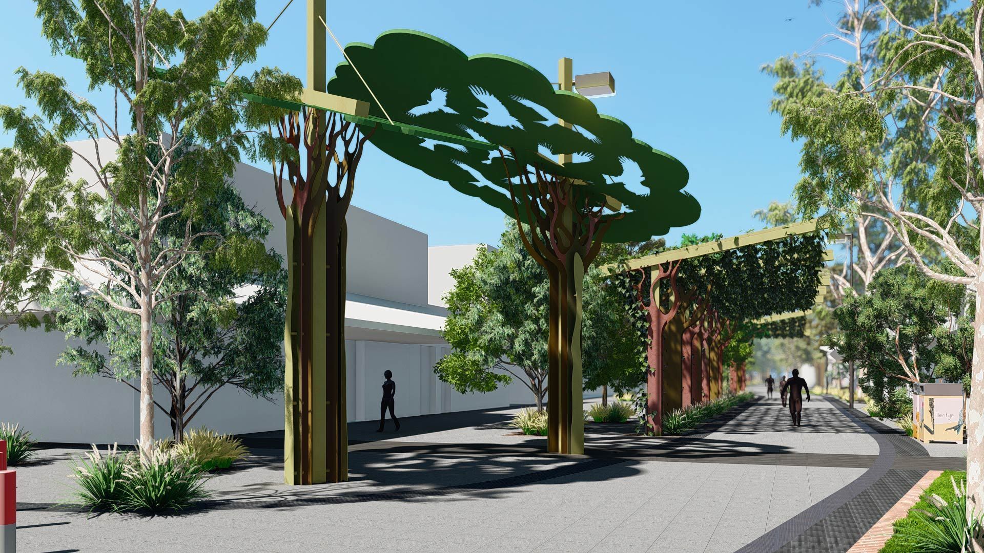 An architectural rendering of a pedestrian walkway featuring stylized, tree-shaped metal structures and a leafy trellis.