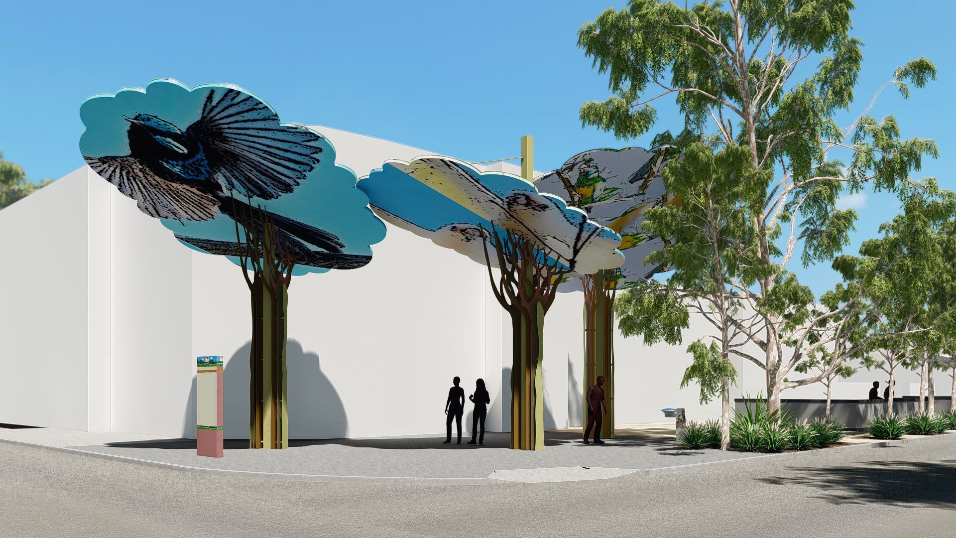 A digital rendering of three tree-like sculptures with patterned blue canopies in front of a white wall in a plaza.