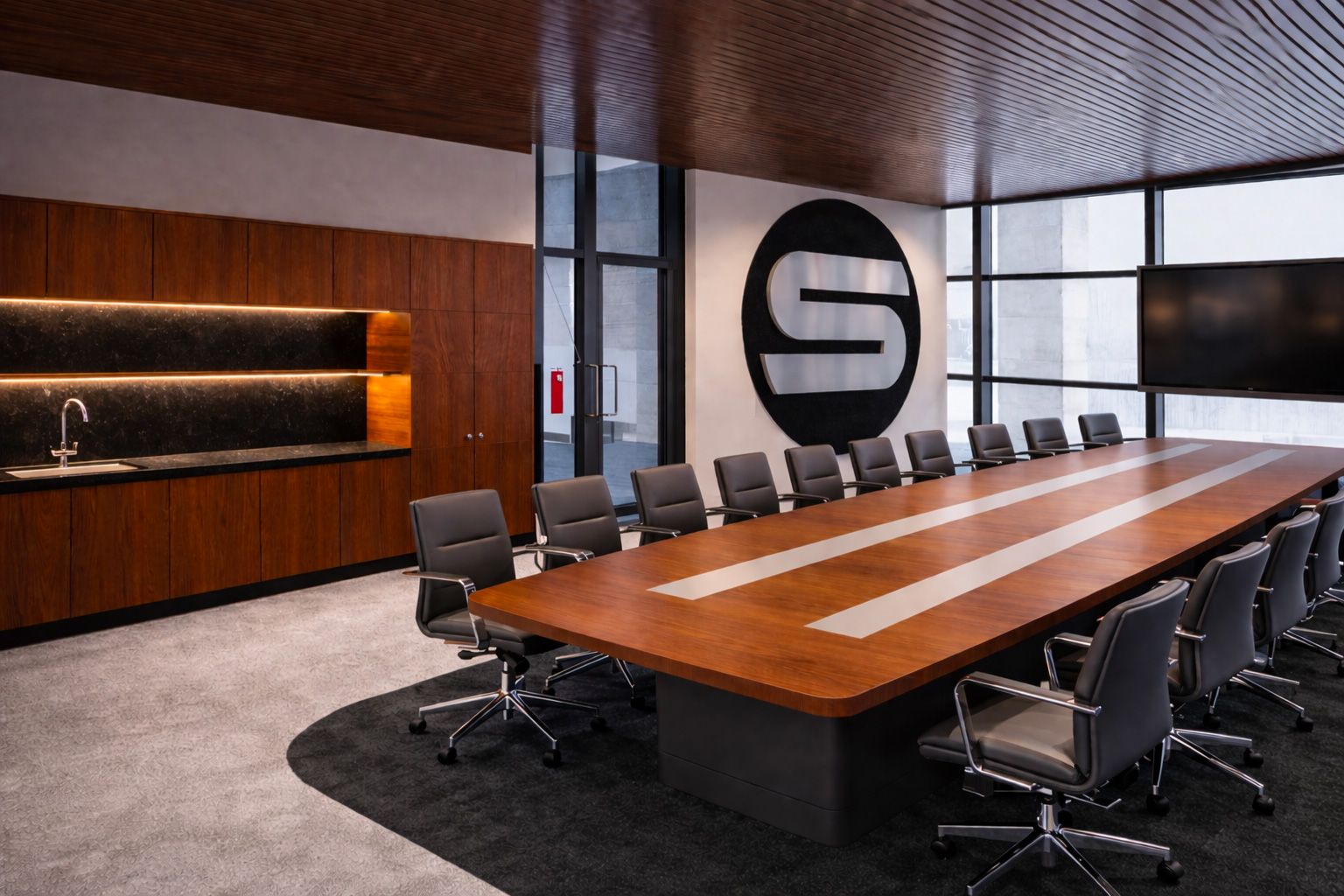 A white building with wooden privacy screens under a corrugated metal awning, surrounded by green shrubs.