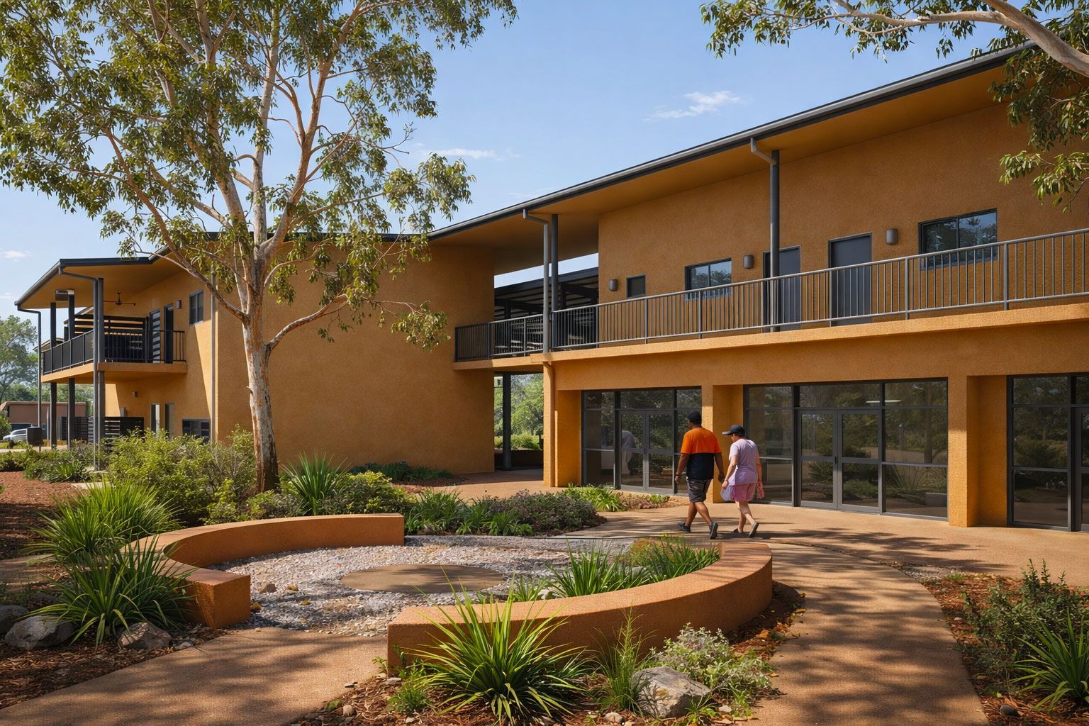 Modern two-story tan building with a balcony, landscaped garden, and two people walking on a path.