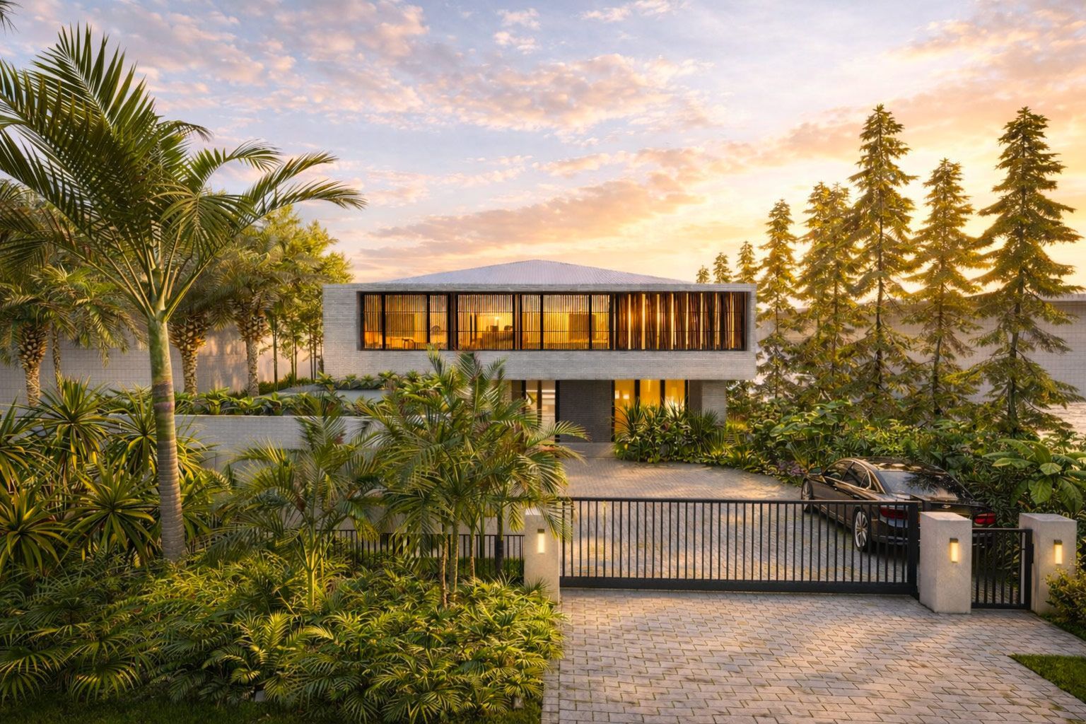 A modern two-story home with large windows and a gated driveway at sunset, surrounded by lush tropical greenery.
