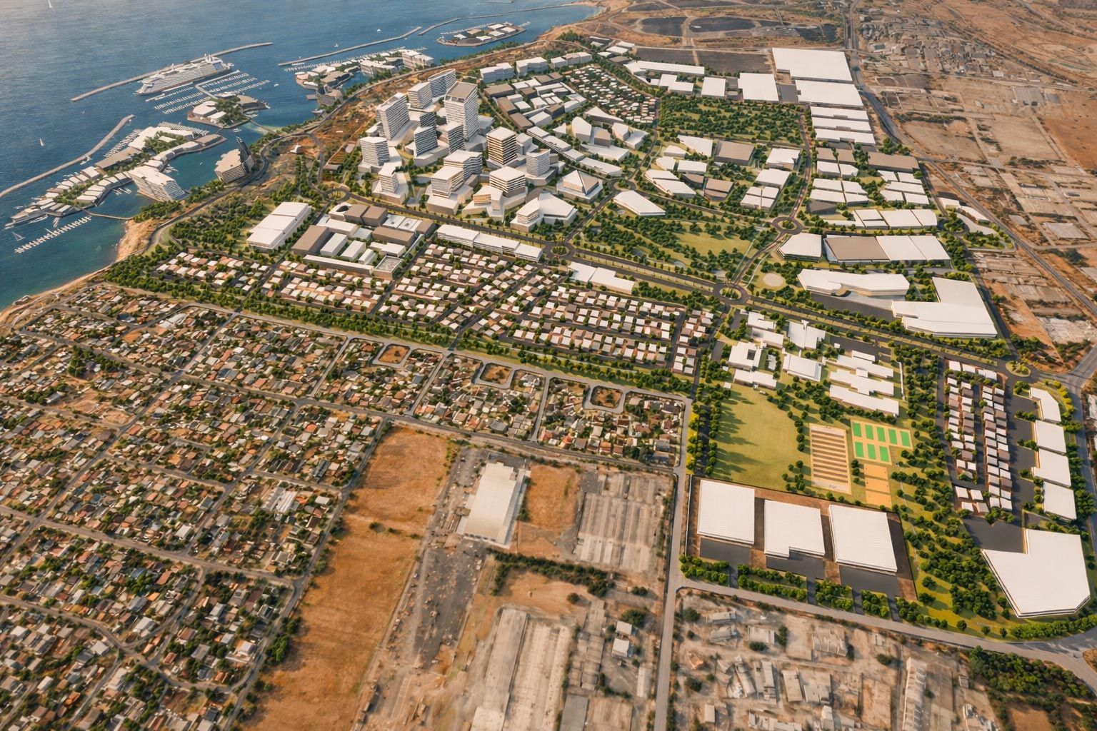 An aerial rendering of a coastal town featuring a mix of modern multi-story buildings, suburban housing, and green spaces.