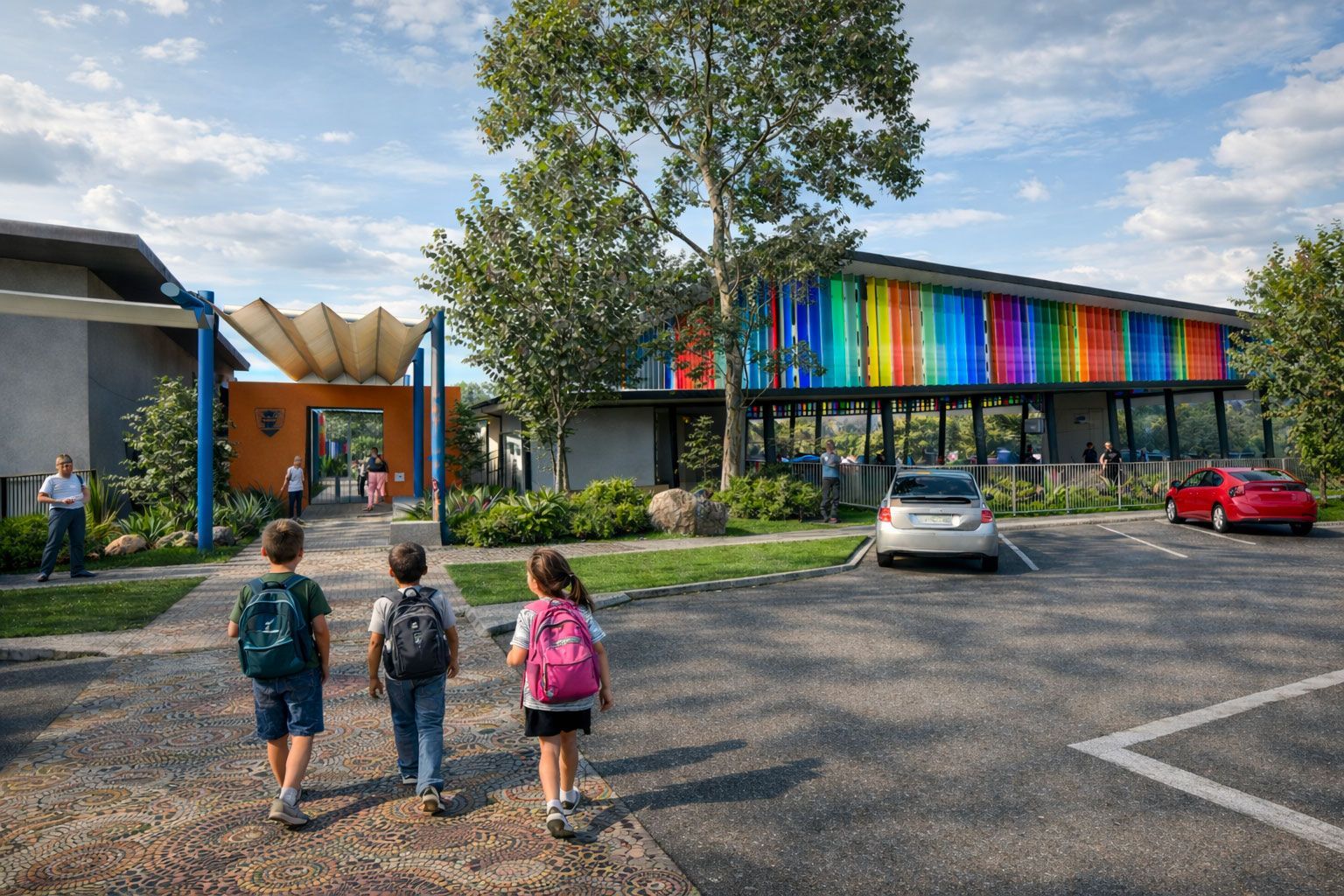Three children with backpacks walk toward a building with colorful panels, an outdoor canopy, and a parking lot.