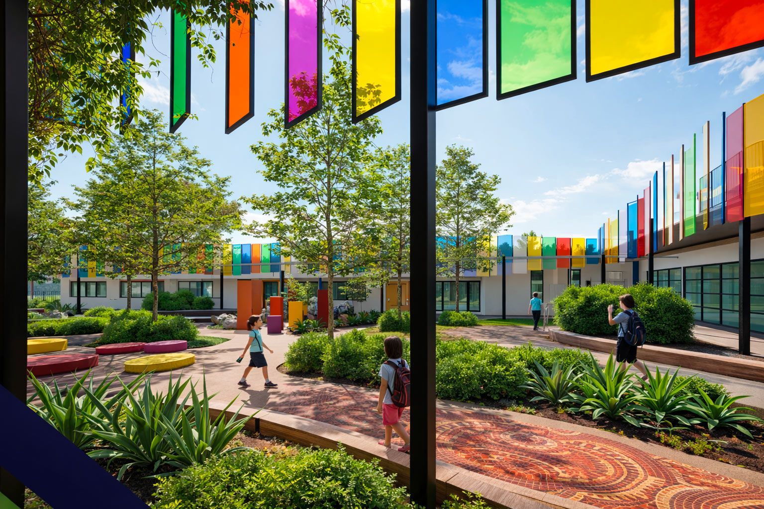 A courtyard with children walking on a path, surrounded by greenery and hanging colorful, translucent glass panels.