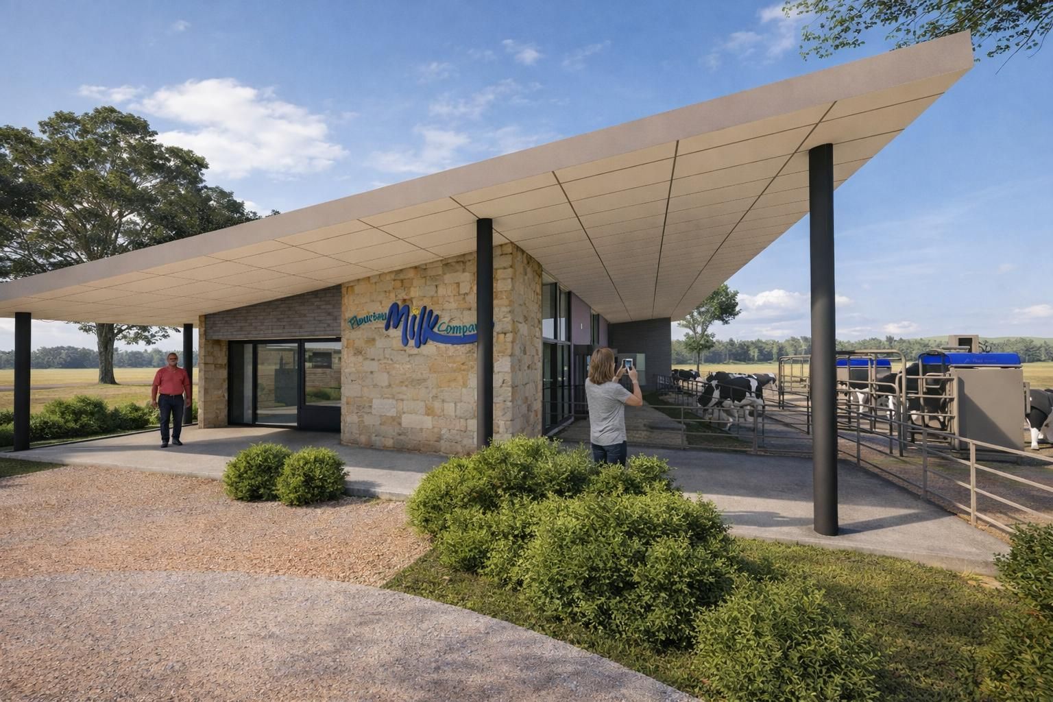 Modern stone-clad building with a sweeping roof overlooking a farm with cows, a person standing, and one taking photos.