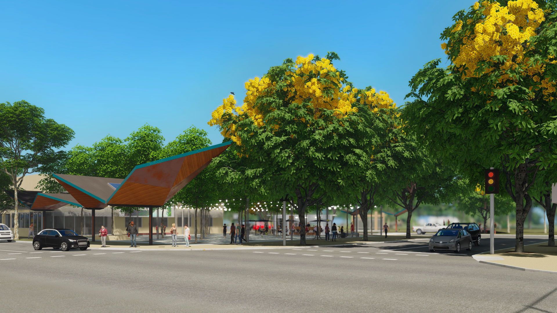 A digital rendering of a street corner featuring a modern, angular canopy, mature yellow-flowering trees, and two cars.