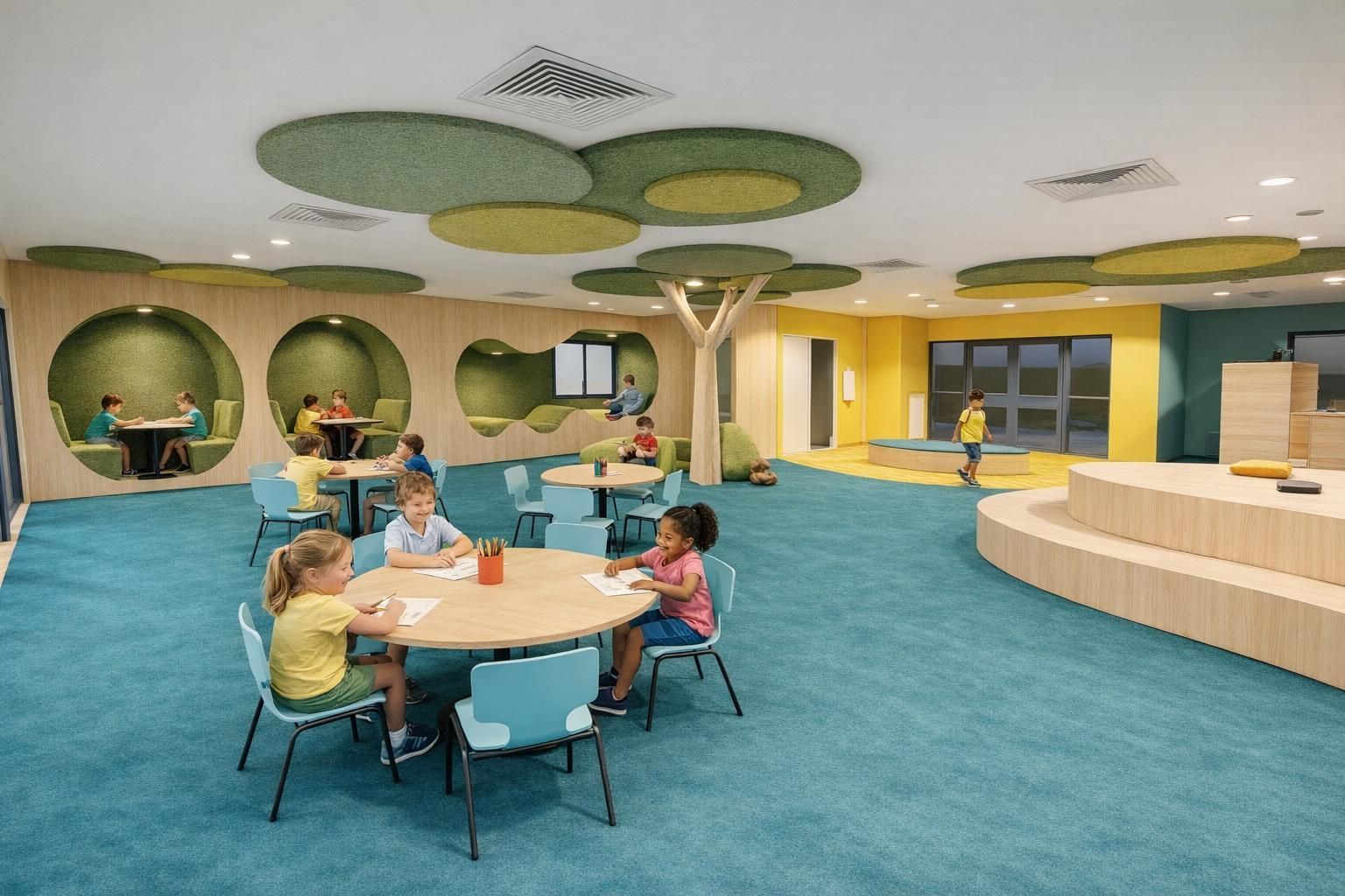 A chic salon interior featuring a central double-sided mirror, beige swivel chairs, a curved bench, and soft pink decor.