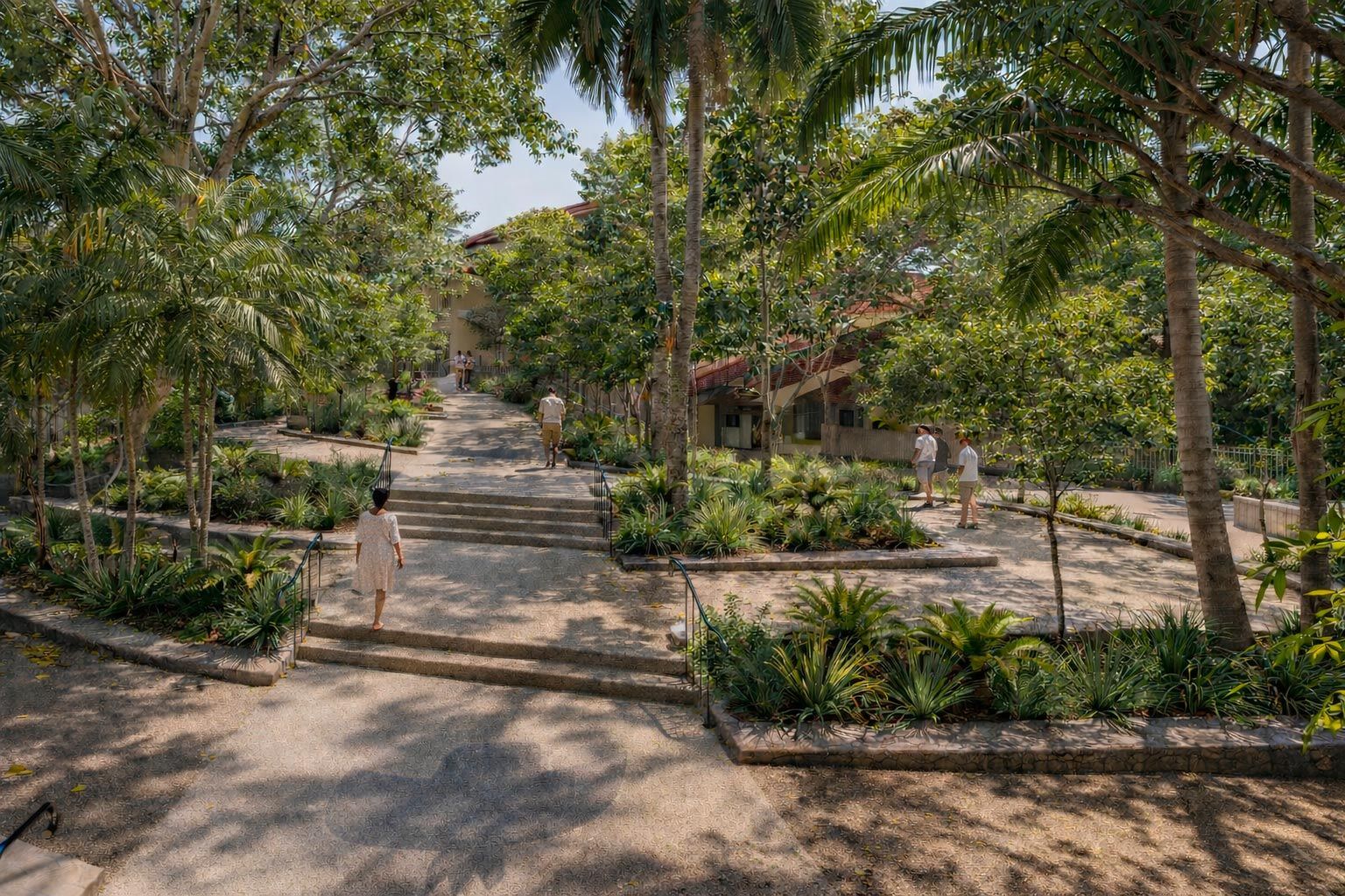 A sunlit tropical courtyard with stone paths, stairs, lush greenery, and palm trees, with people walking through the space.