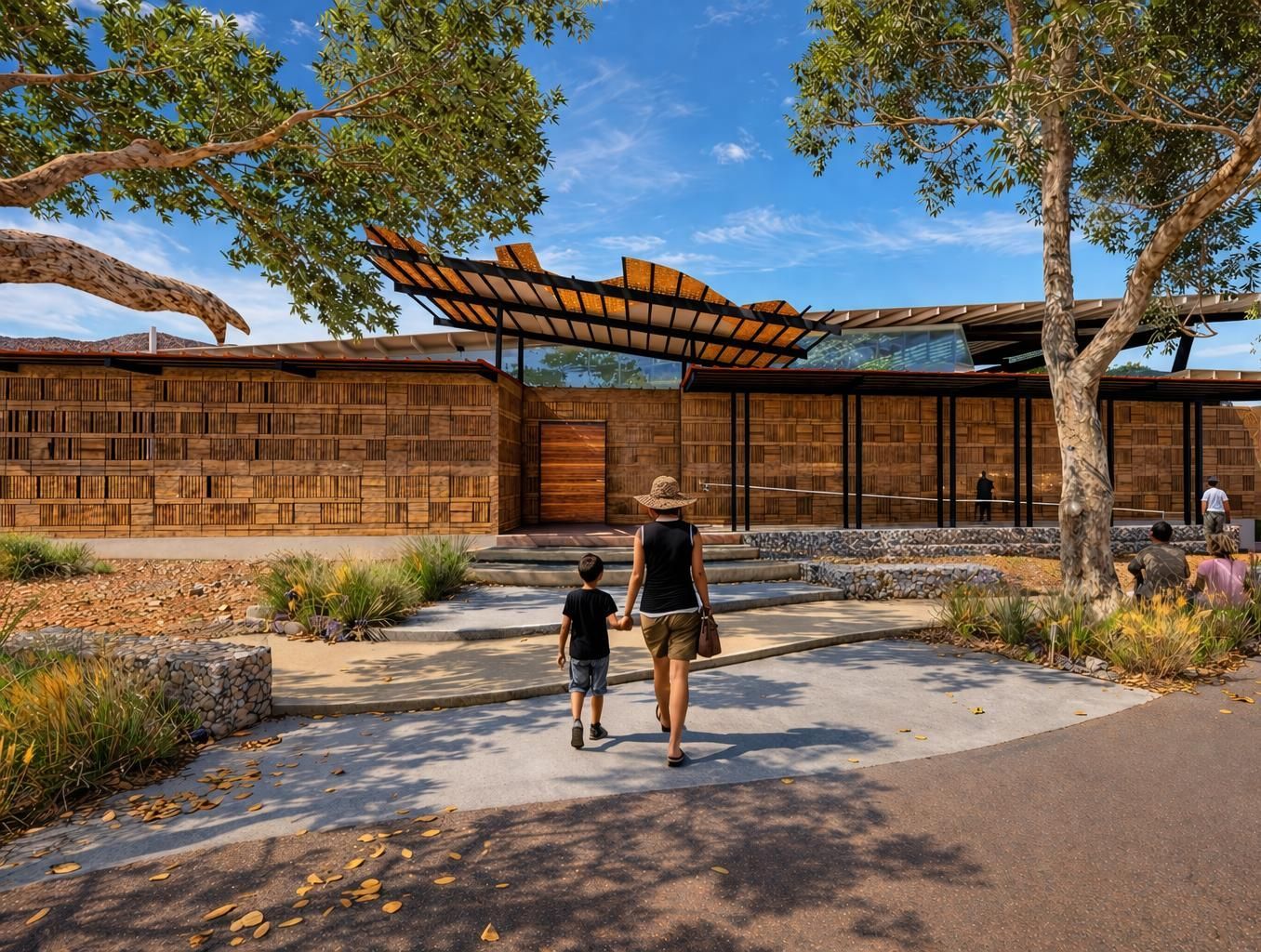 A white building with wooden privacy screens under a corrugated metal awning, surrounded by green shrubs.
