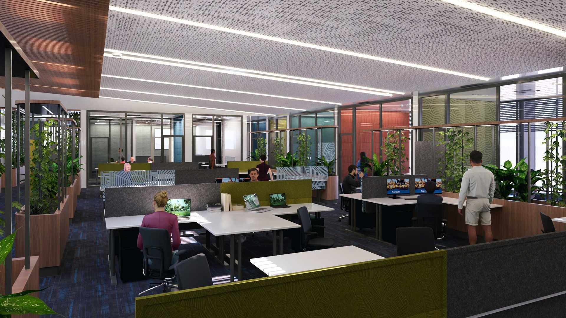 A modern building with large, tan fabric sunshades, angled support pillars, and a flag-lined entrance courtyard.