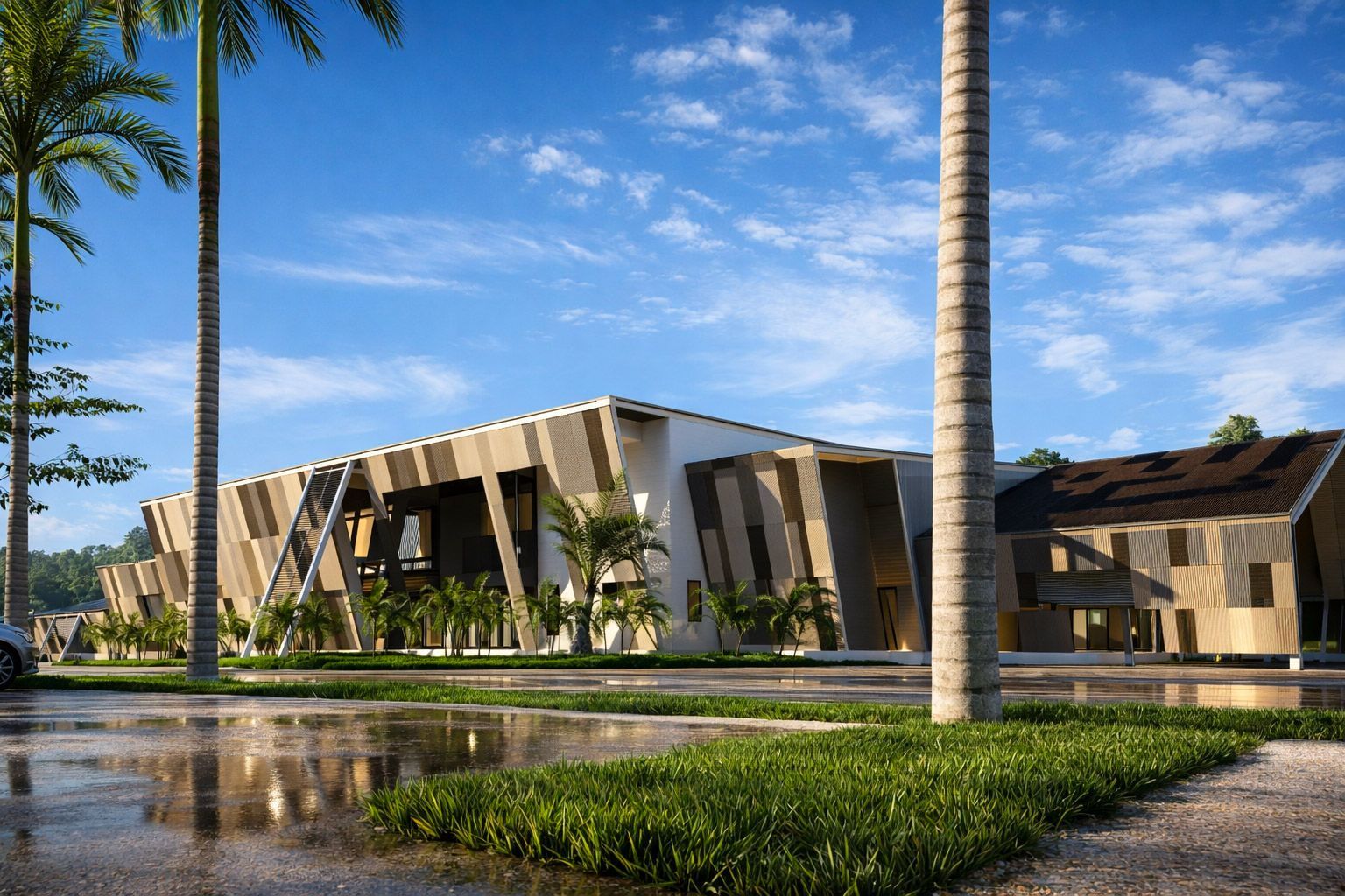 Modern building with angular wooden slats, palm trees, and a wet, reflective ground under a clear blue sky.