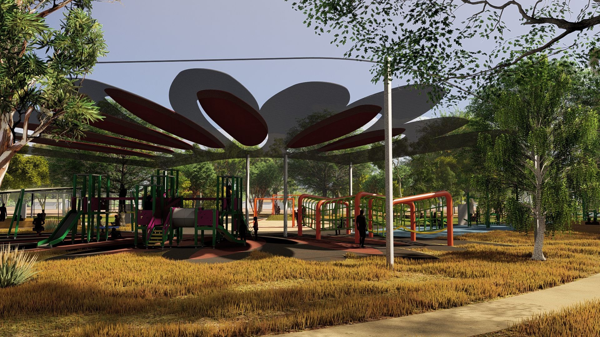 A playground area with a large, flower-shaped sunshade canopy, surrounded by trees and a paved path.