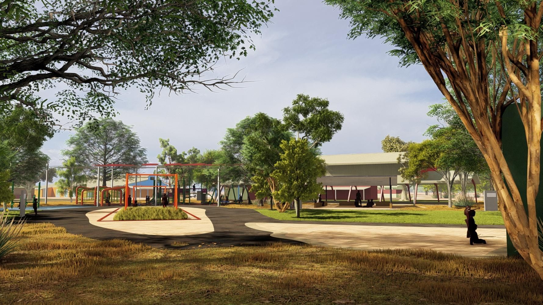 A park landscape with a circular rock-lined water feature, stepping stones, and a purple tunnel-shaped playground structure.