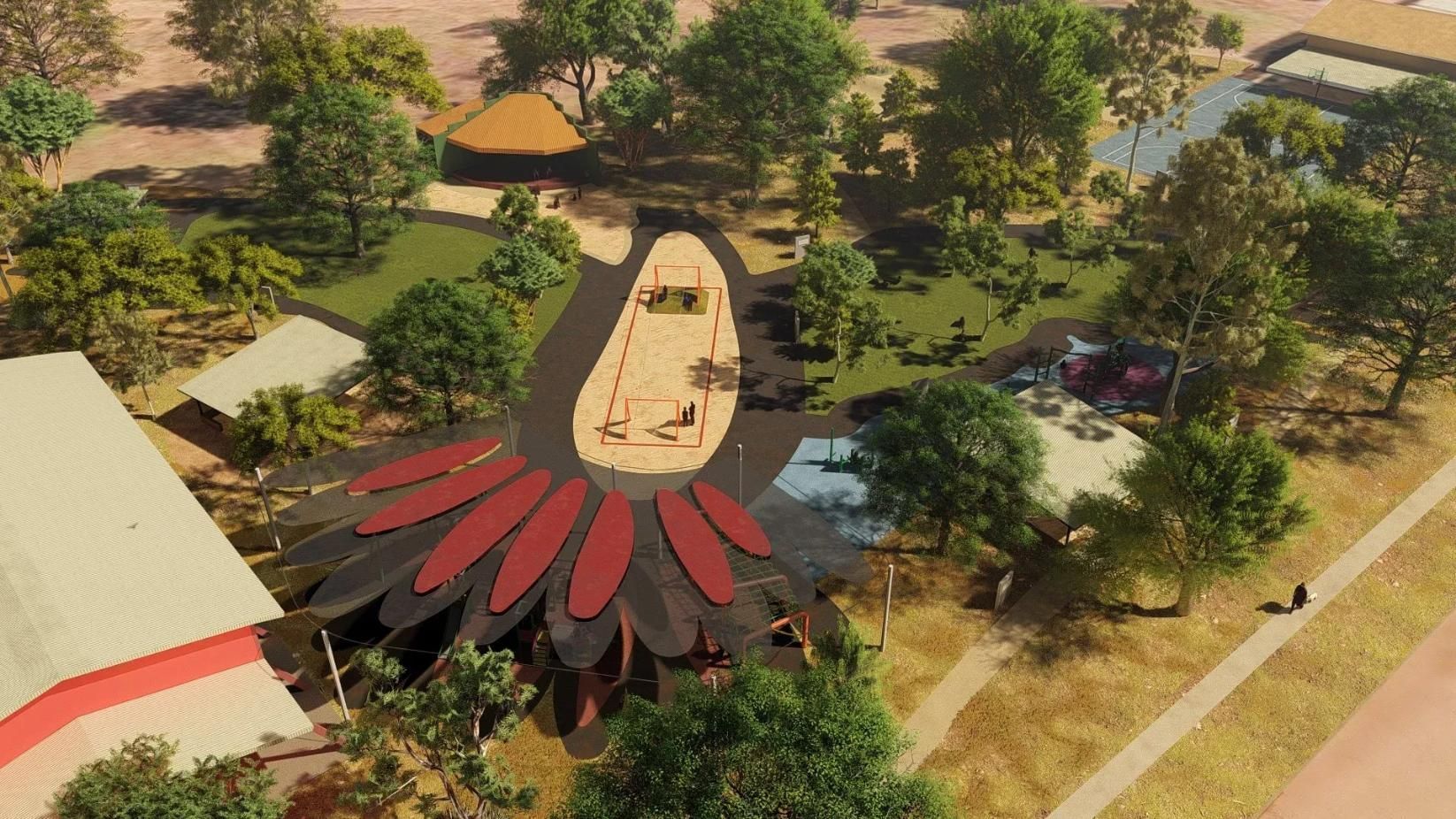 Aerial view of a park design featuring a central court, a unique red-and-black patterned canopy, trees, and walkways.