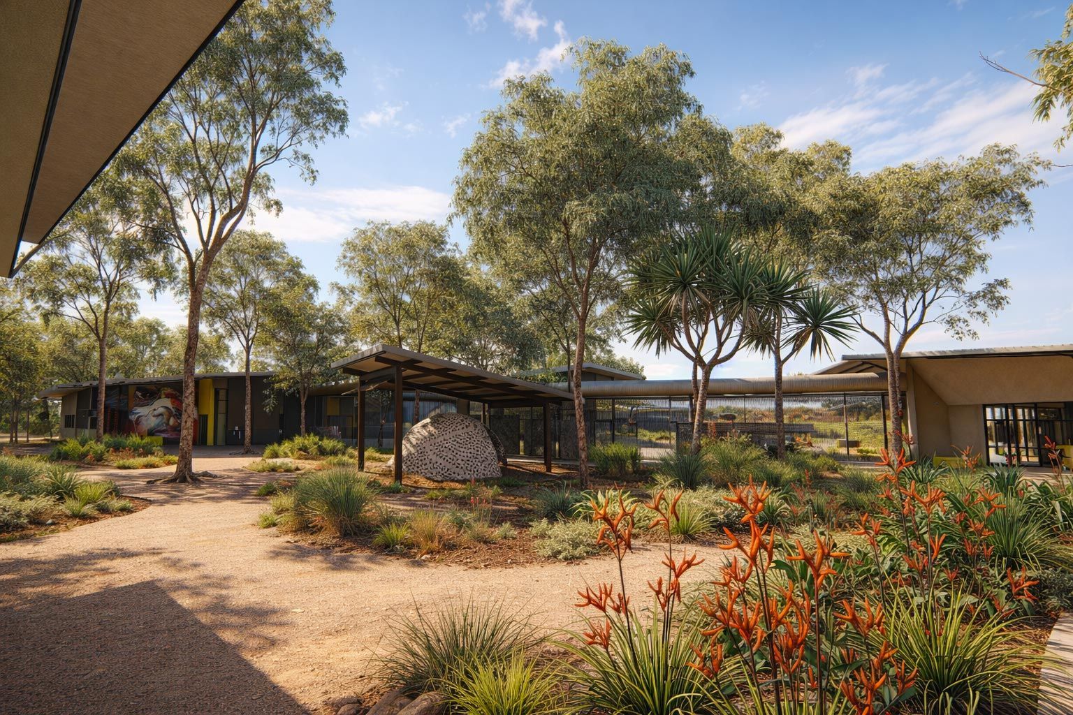 A garden landscape features a gravel path, native shrubs, orange kangaroo paw flowers, and modern buildings under trees.